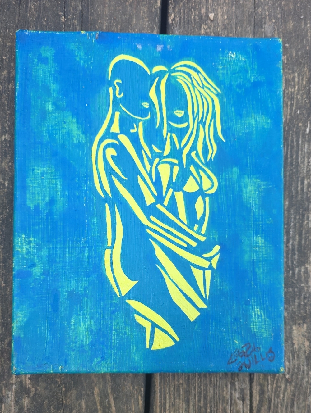 Hand-Painted Blue and Yellow Couple Silhouette Canvas Art 8x10